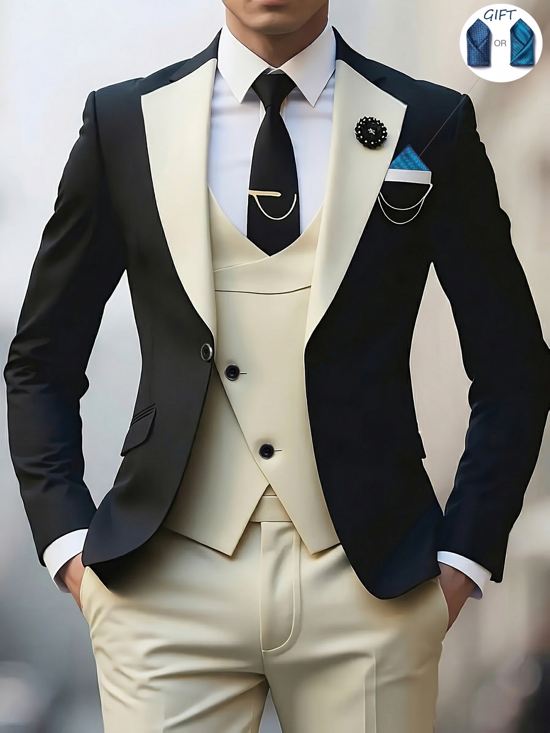 Ensemble costume élégant 3 pièces pour homme - Costume et pantalon coupe ajustée pour mariages et occasions formelles, convient pour réunions de bureau et événements élégants, tenue de cérémonie | Costume coupe ajustée | Costume de mariage durable. Inclut un mouchoir de poche à motif aléatoire.