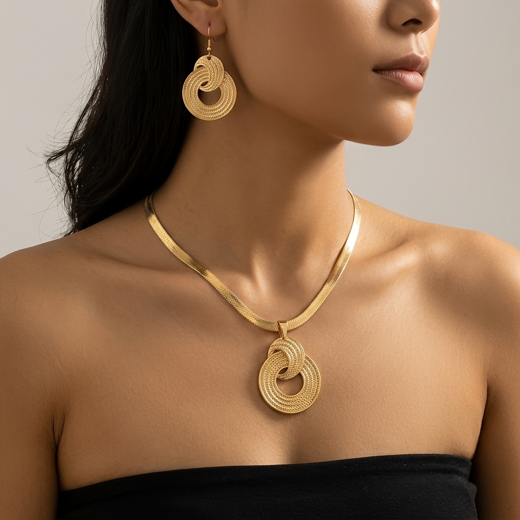 TEMU 2 Sets Of Three-ring Textured Necklace And Earring Set, European And Style, Snake Bone Chain + Brushed + Three-dimensional Overlapping Design,