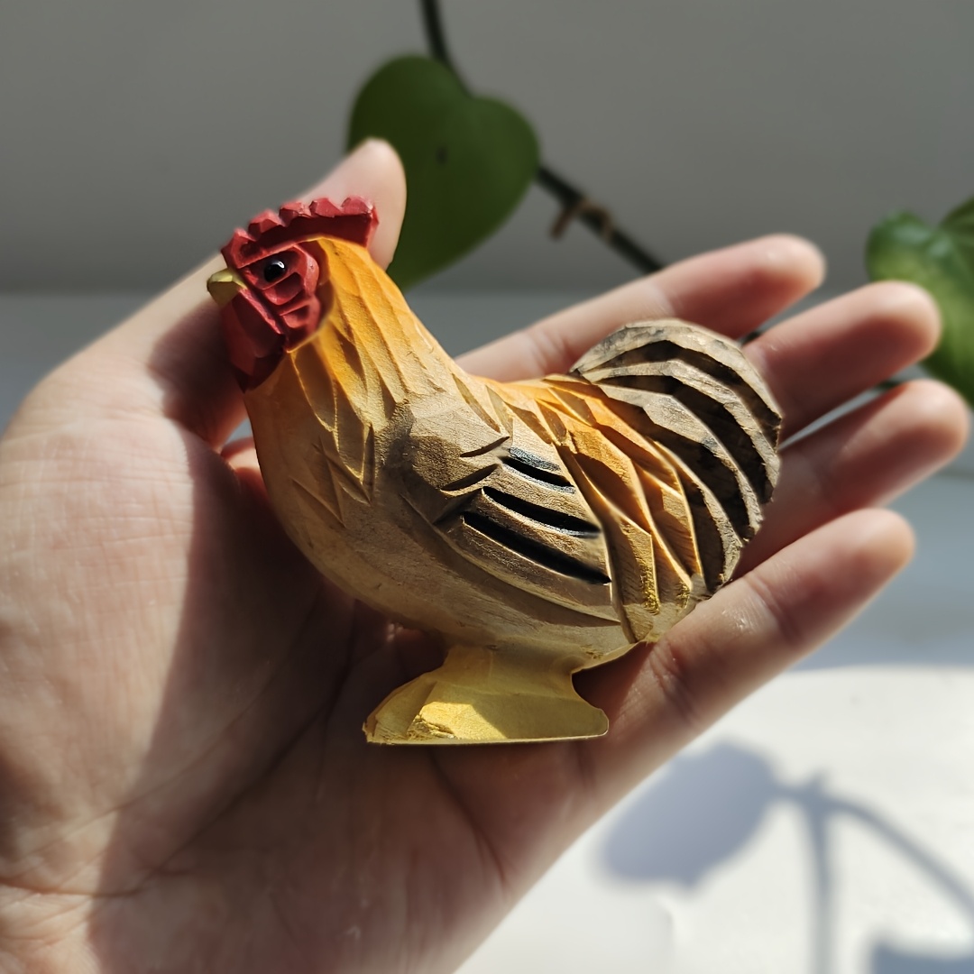 Collectible Figurines ，Handcrafted Wooden Rooster Figurine – Farmhouse Decor, Rustic Animal Sculpture with Vibrant Red Yellow Accents | Unique Home Ornament for Christmas and Halloween Décor