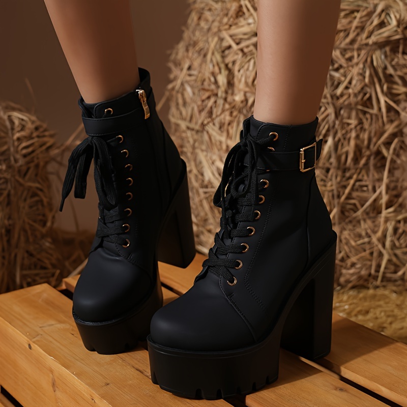 Women's Punk Style Platform Ankle Boots with Chunky Heel, Lace-Up Metal Buckle - Perfect for Parties & Casual Attire