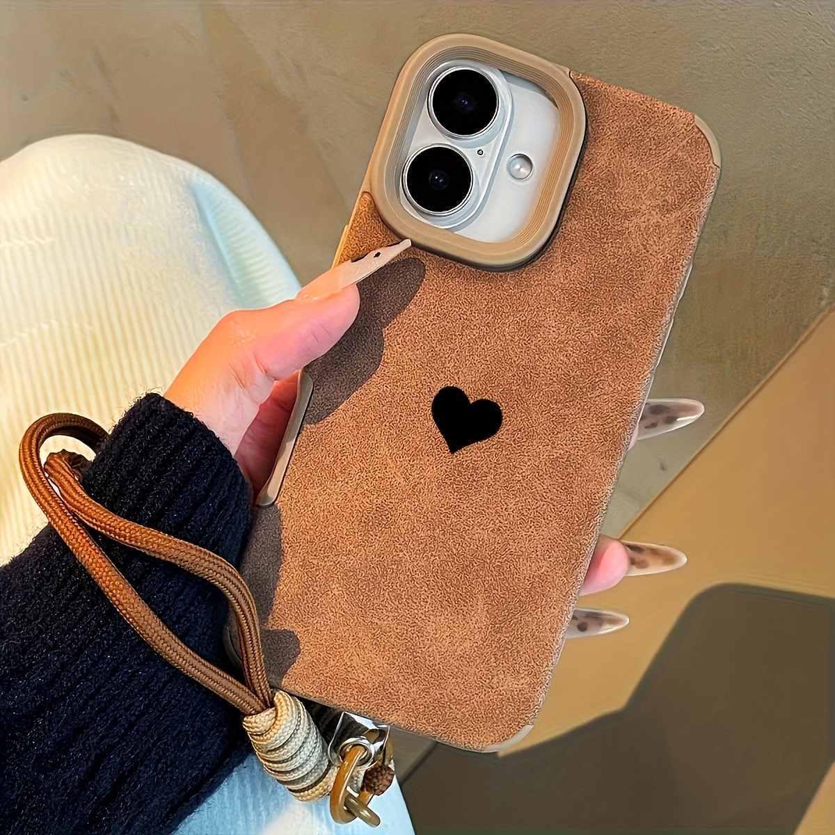 TEMU Phone Case - Minimalist Black Heart-shaped Luxury Faux Leather Patch Lanyard Phone Case, With High-quality Protective Design, With Lanyard, Very