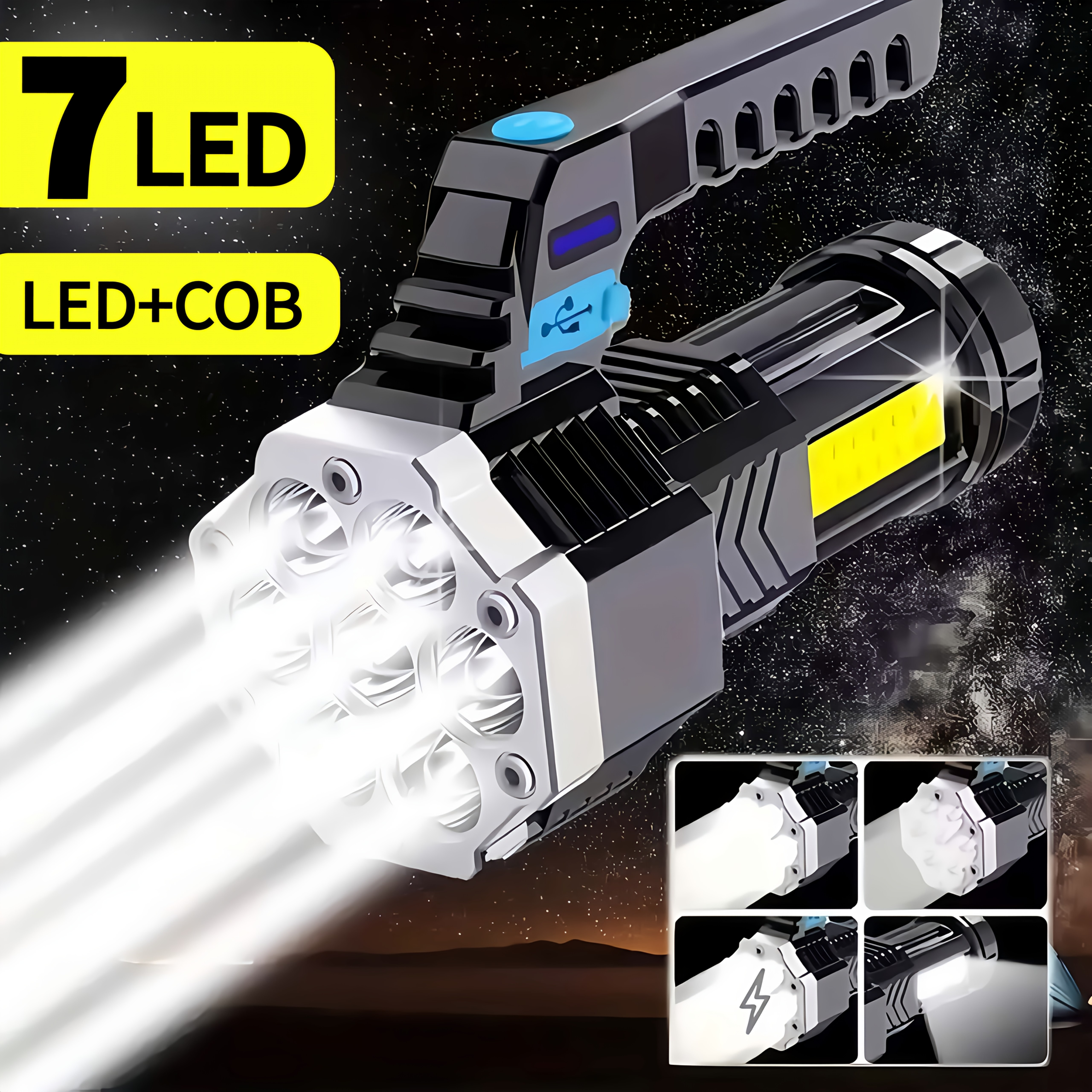 TEMU 1/2pcs High Led Flashlights | Cob Led, Usb Rechargeable, Handheld Portable Outdoor Lamp With Built-in Battery, Non-water Resistant, 150m Range,