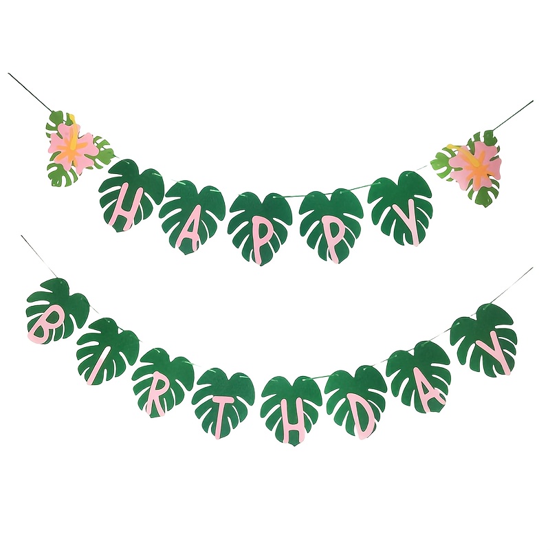 Image of 1 Set Hawaii Party Happy Birthday Flag Pulling Felt Happy Birthday Flower Pulling Party Banner, Flag Pulling Suitable For Tropical Hawaii Party Palm Leaf Decoration Activities And Party Supplies