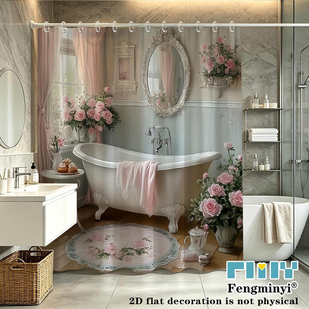 TEMU 2d Flat, Shower / Bath Curtain 1pc Vintage Bathroom Shower Curtain Clawfoot Tub Pink Roses Blue Wainscoting Bathroom Decor Hooks X Inches, 2d
