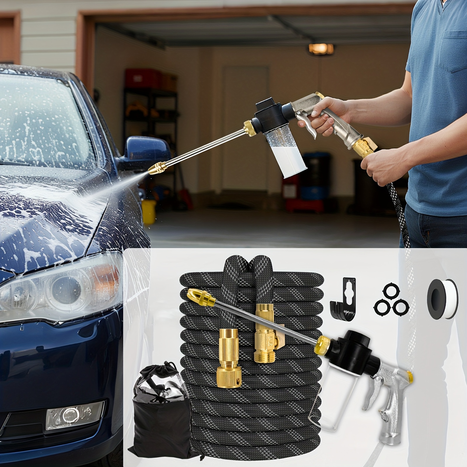 TEMU Heavy Duty Water Hose (50/100ft) | Super Flexible + 10 Setting High Pressure Nozzle | Sturdy Brass Leak Resistant Connectors | Ideal For