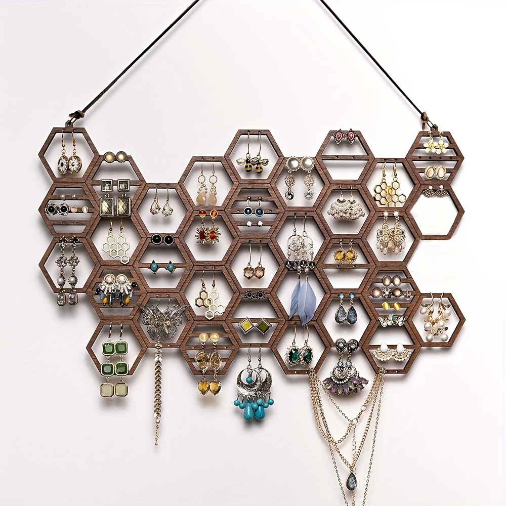 

Porte-boucles d'oreilles en nid d'abeille en bois, organisateur de bijoux mural, support de rangement pour boucles d'oreilles et colliers à clous suspendus