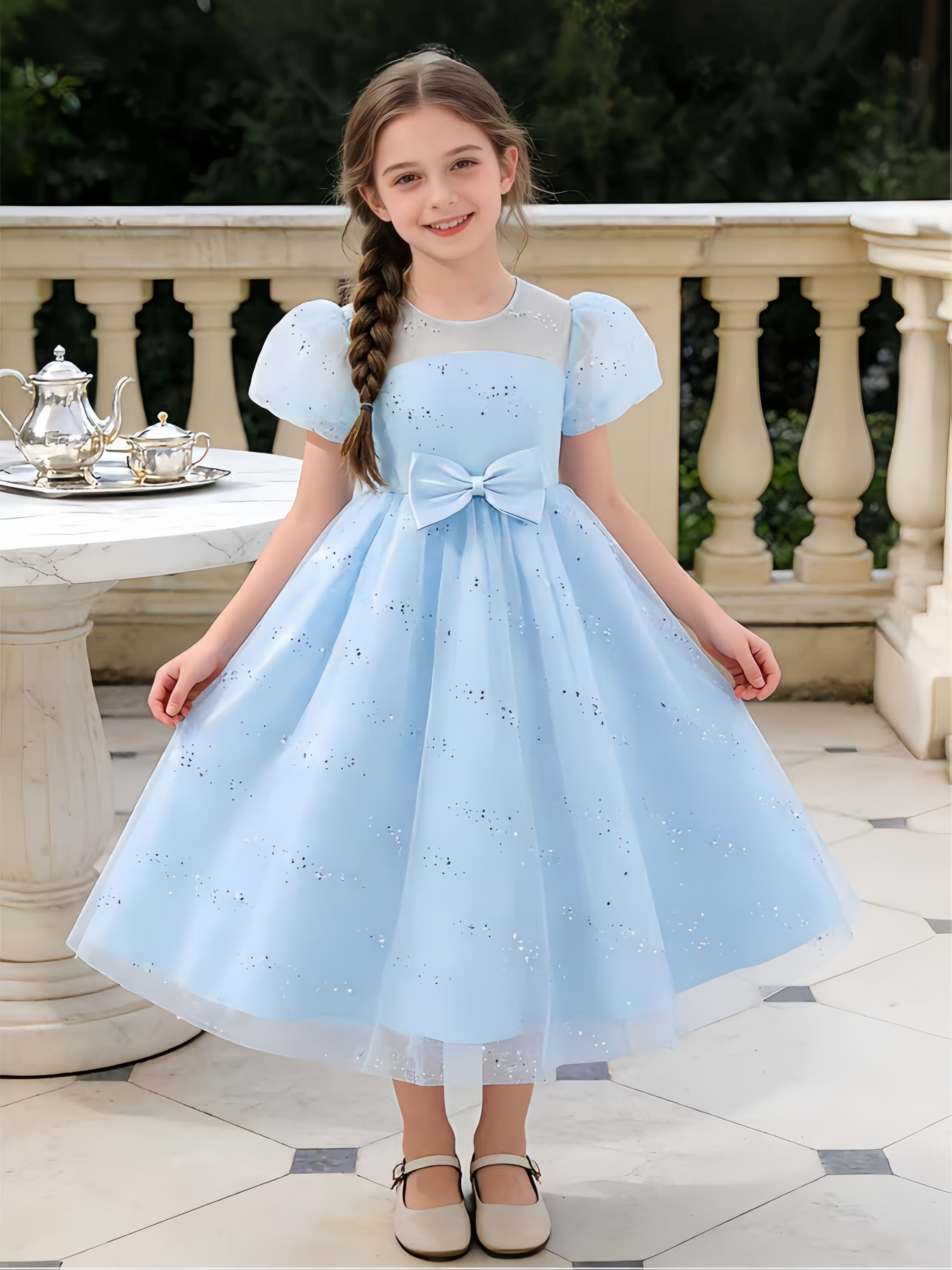 Popular Girls' Princess Dress, Sky Blue Puff Sleeve Evening Gown for Girls,  Transparent Mesh Panel with Three-Dimensional Bow at Waist, Classic and  Stylish Dress for Girls, Suitable for Formal ...