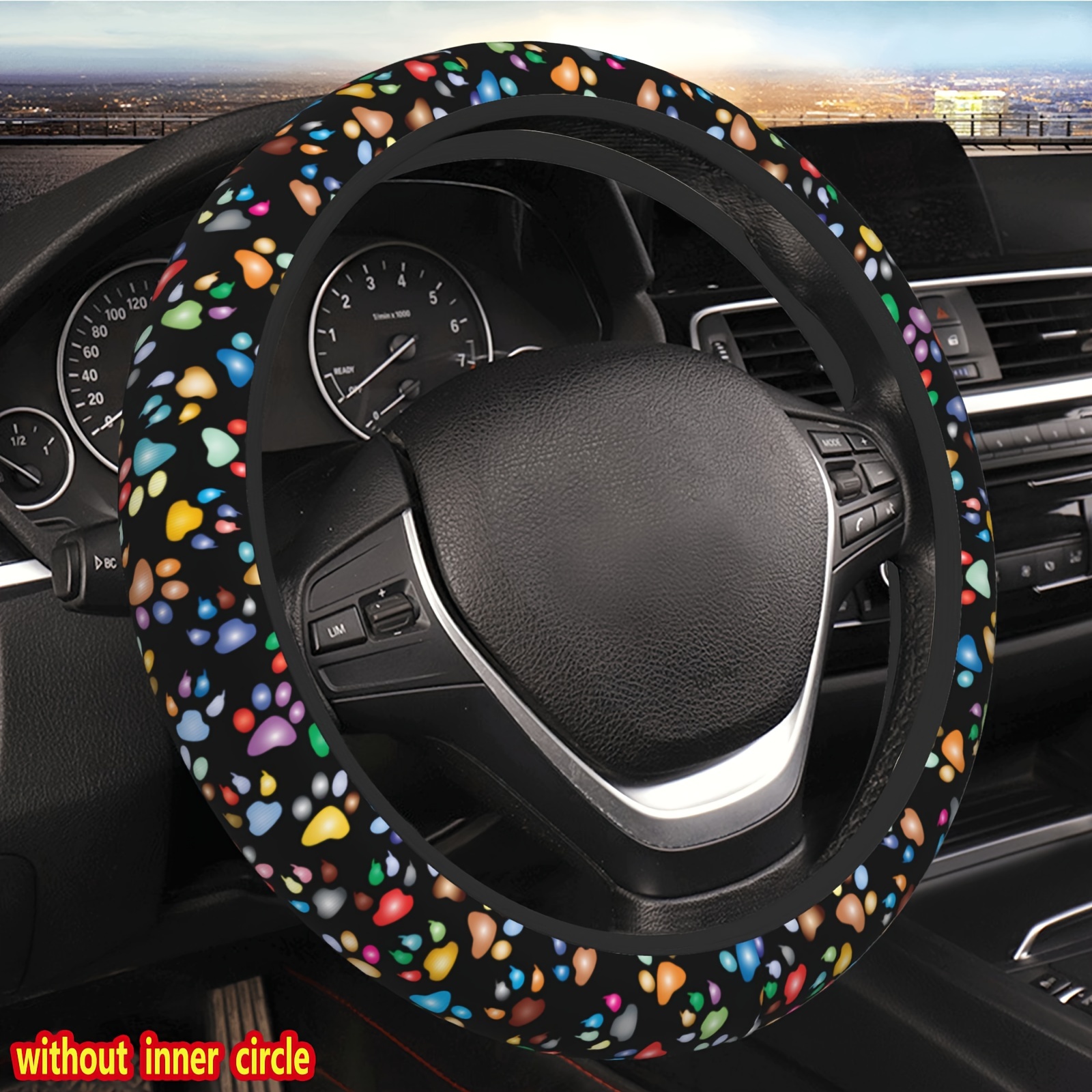 

1pc Neoprene Steering Wheel Cover With Colorful Paw Prints Design, Universal Fit 15" - Comfort Grip Car Accessory For Men And Women, Durable Without Inner Circle Protector