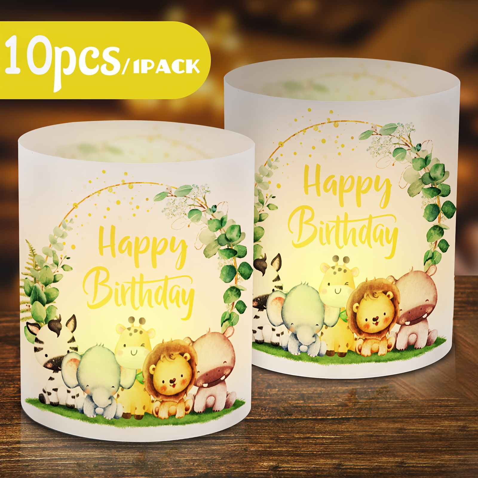 Image of 10pcs Of Birthday Lantern Table Decorations, Happy Birthday Table Decor, Featuring Green Eucalyptus Forest Animals Like Jungle , , Giraffes, Elephants, , And Cute Wildlife-themed Lampshade Decorations