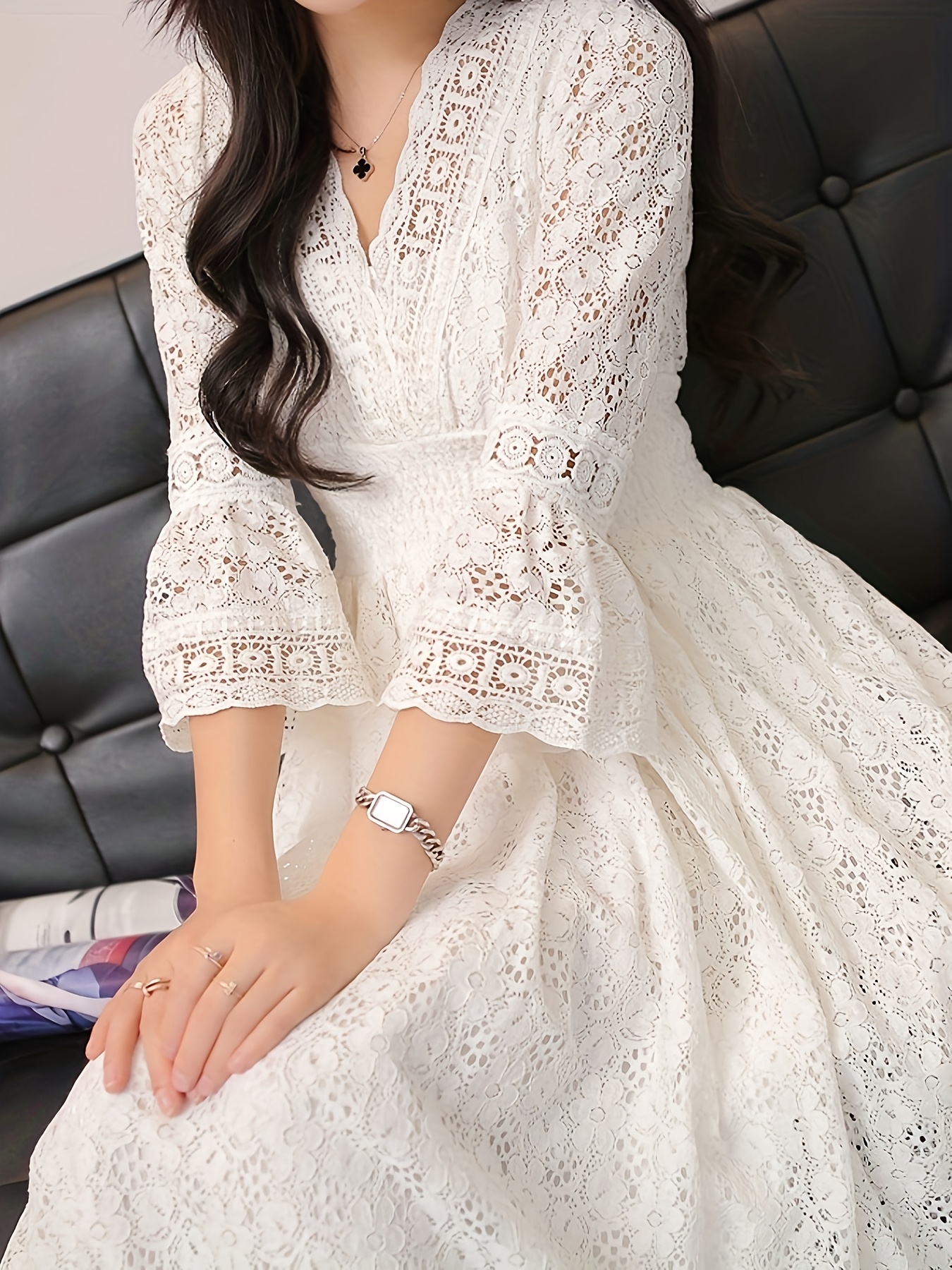 plus size a stylish lace hollow detail v neck fitted dress new   for women featuring a waist cinching design   vacations and beach   suitable for summer and spring   white 0