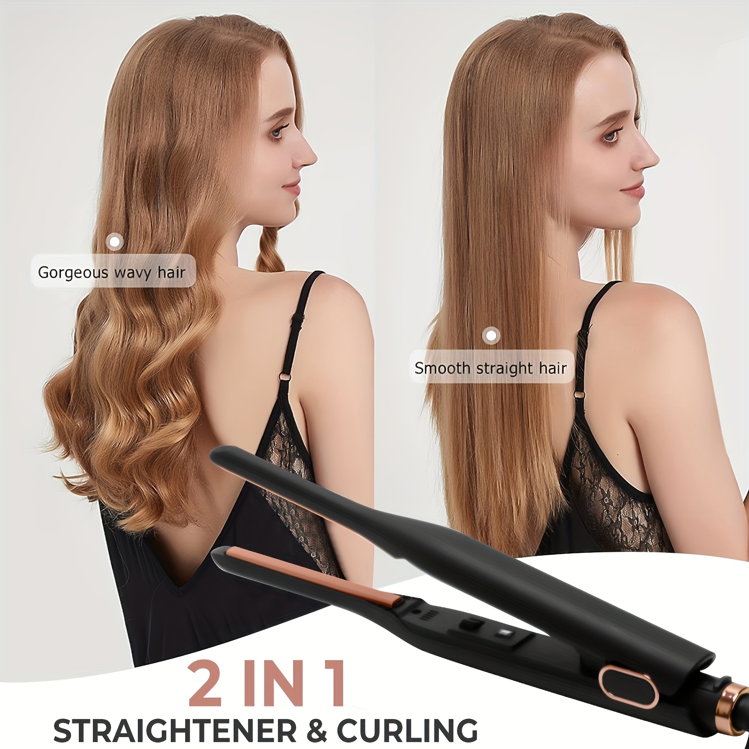 2-in-1 Ceramic Flat Iron Curling Iron Fast Heating Hair Styler with  Dual Voltage (110-240V) Plug Wet/Dry Use Operation Auto Shut-Off  for