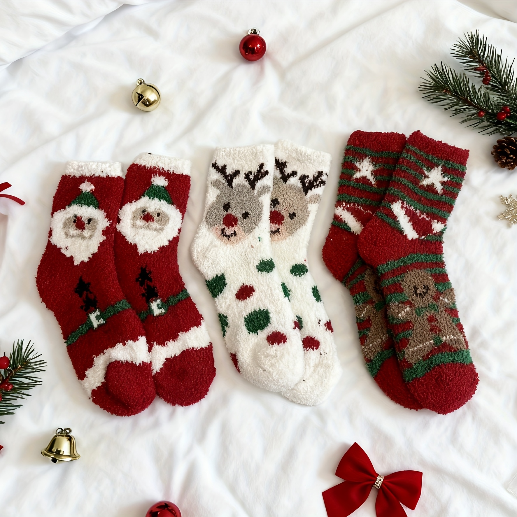Image of 3-pairs Autumn Winter Cute Colorful Santa Claus Plush Socks Set, 3 Different Styles, Very Versatile, Includes Holiday Elements, Suitable For Christmas