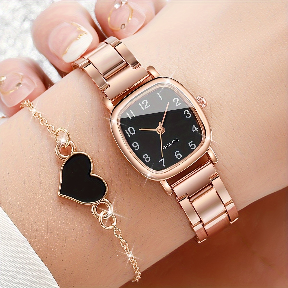 

2 Pcs Golden Quartz Watches Zinc Alloy Strap Zinc Alloy Pointer And Jewelry Perfect Gifts For Her