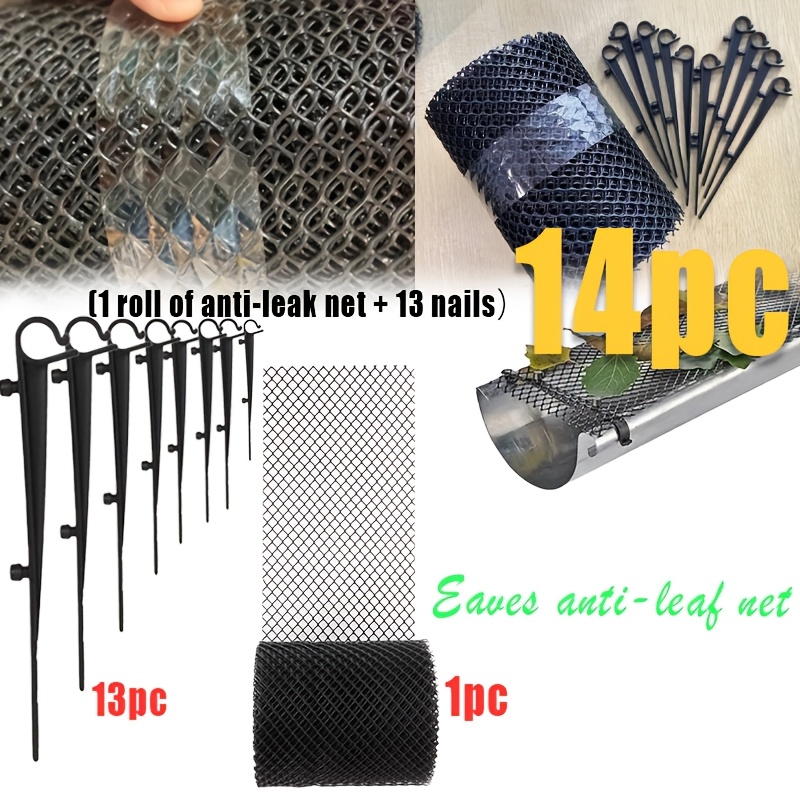 Image of 14pcs Leaf Guard Mesh, Gutter Trough Leaf Guard Mesh Manufacturer Anti-clogging Gardening Roof Plastic Protective Net, 800cm*18cm*0.8cm, (1 Roll Of Protective Net + 13 Ground Nails)
