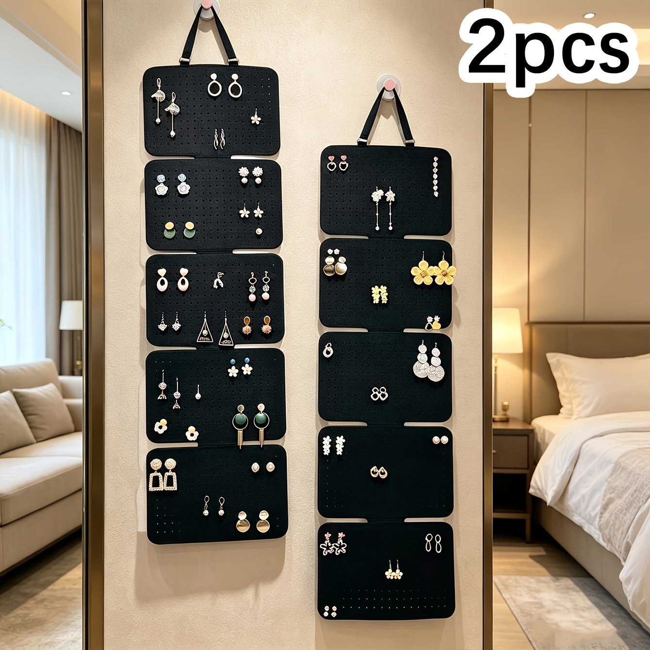 TEMU 2pcs Felt Jewelry Organizer Set, For Stud Earrings, Ear Jewelry Storage, Black Wall-mounted Jewelry Rack, Multi-style Ear Stud Storage, Hanging