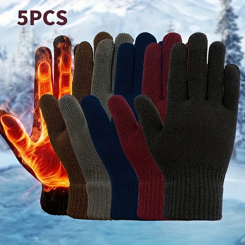 Image of 5pcs Unisex Gloves, Acrylic Warm Lining Winter Gloves, Fashionable Outdoor Warm With Elastic Cuff For Cold Weather Outdoor Activities, Minimalist Gloves Design