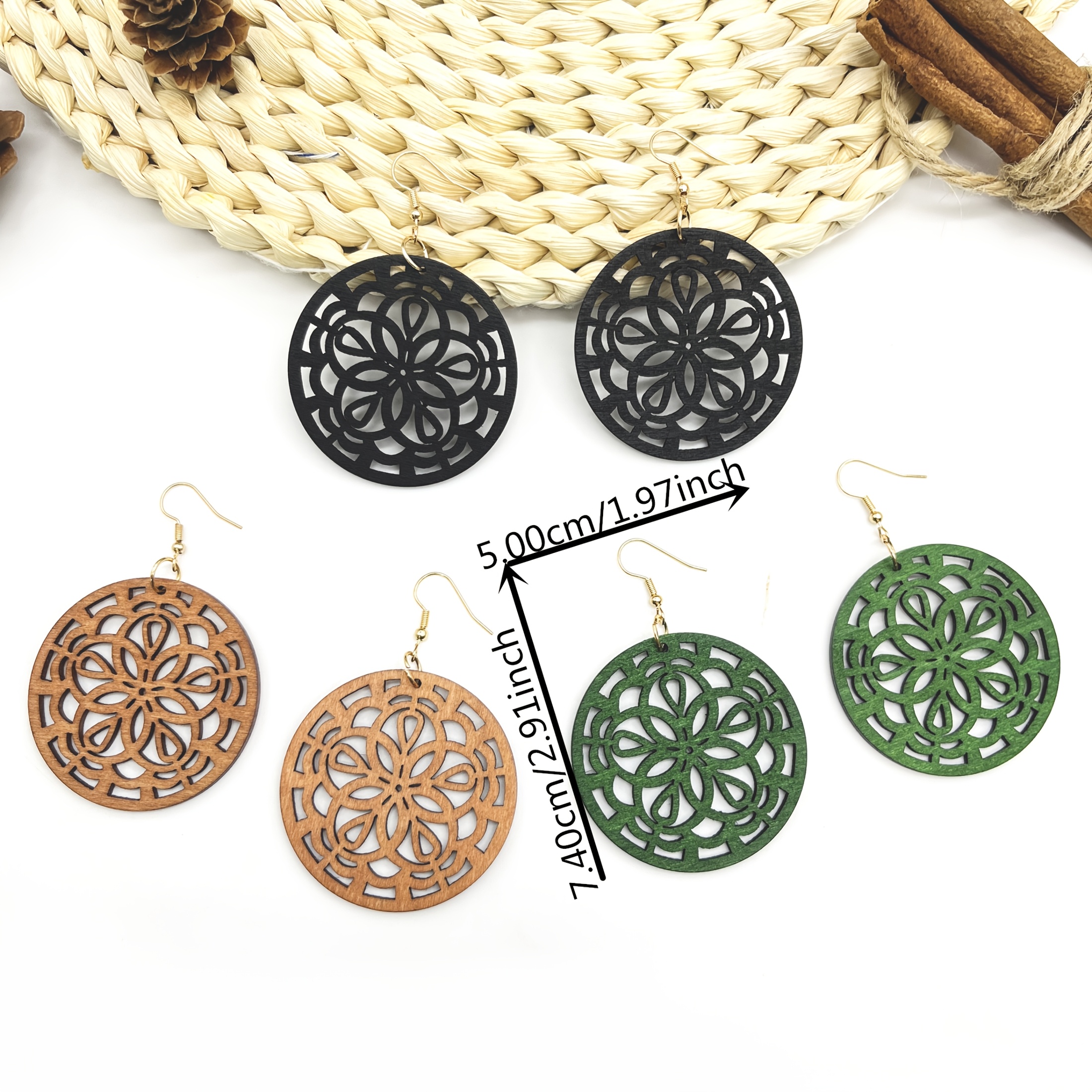 Vintage Boho Wooden Earrings Retro Floral Pattern Iron Post