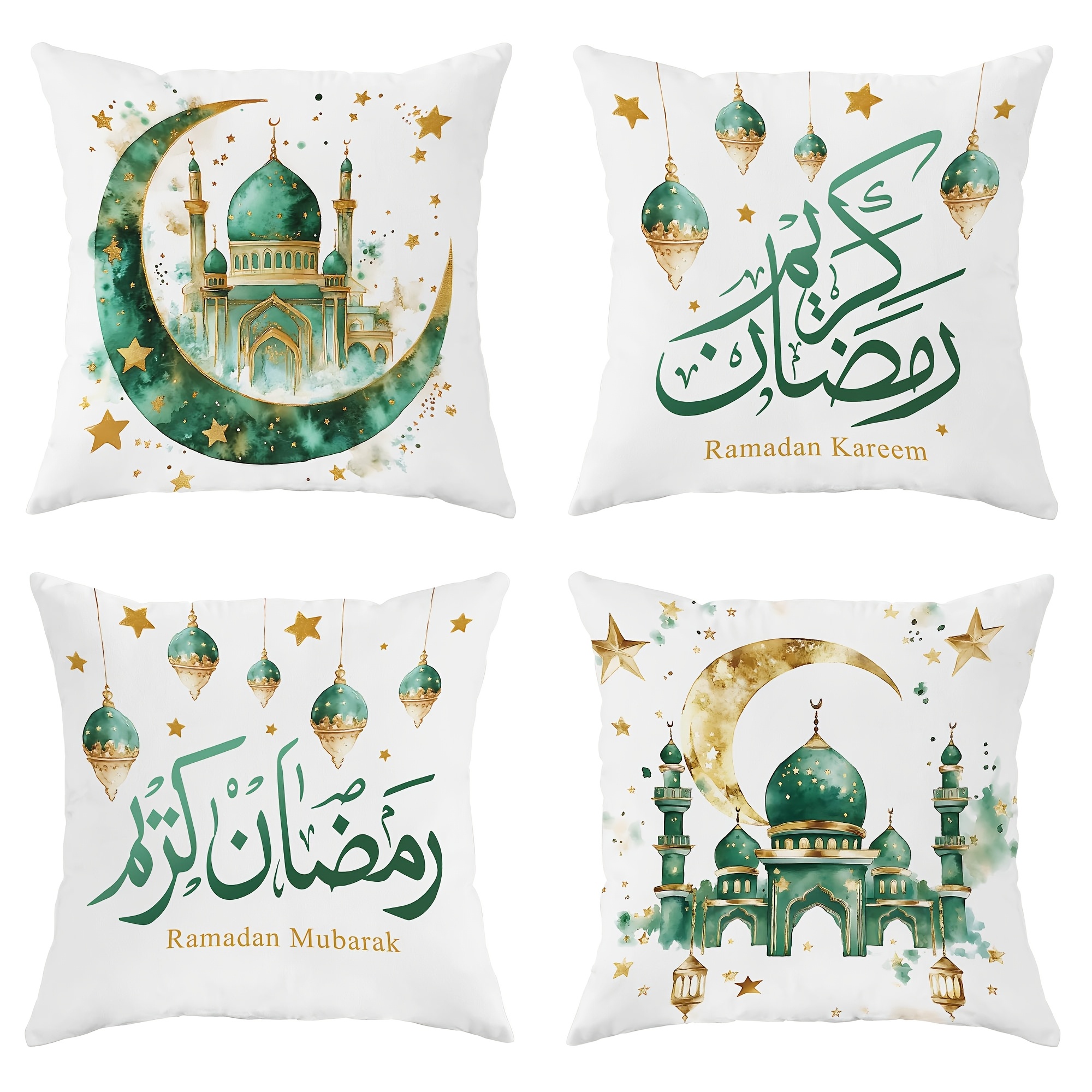 

4pcs Ramadan Party Decoration Moon Lamp Lantern Lights Star Pillow Covers Green Cosy Soft Pillowcases 1 Sided Printing For Eid Living Room Bedroom Sofa Bed Decor Without Pillow Inserts