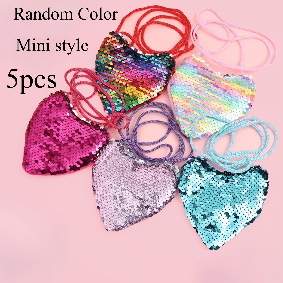 Image of 5pcs Mini Heart-shaped Sequined Women's Small Wallet, Equipped With Zipper And Crossbody Shoulder Bag, Suitable For Women's Birthday Gifts And Outdoor Decoration, Cute Love Wallet, Random Color