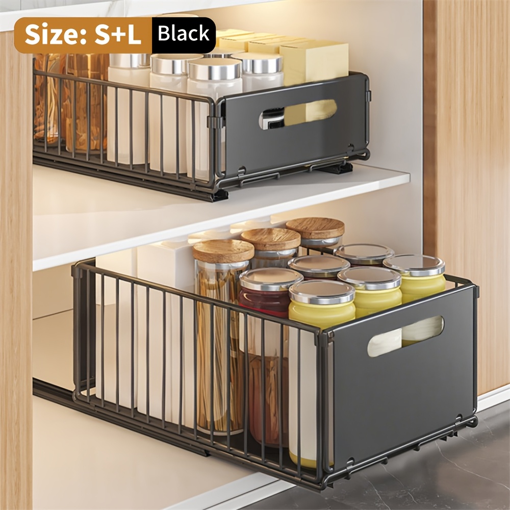 TEMU 2pcs Multifunctional Pull Out Cabinet Storage Rack, Smooth Sliding Rail Under Sink Organizer Basket, Hidden Cabinet Inner Drawer Storage Rack,