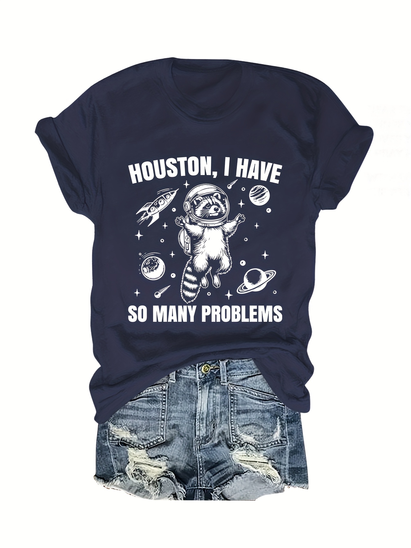 Women'S Casual Graphic Print T-Shirt - Short Sleeve Crew Neck, Navy Blue with "Houston, I Have So Many Problems" Raccoon & Planets Design, Lightweight Polyester for Summer Comfort