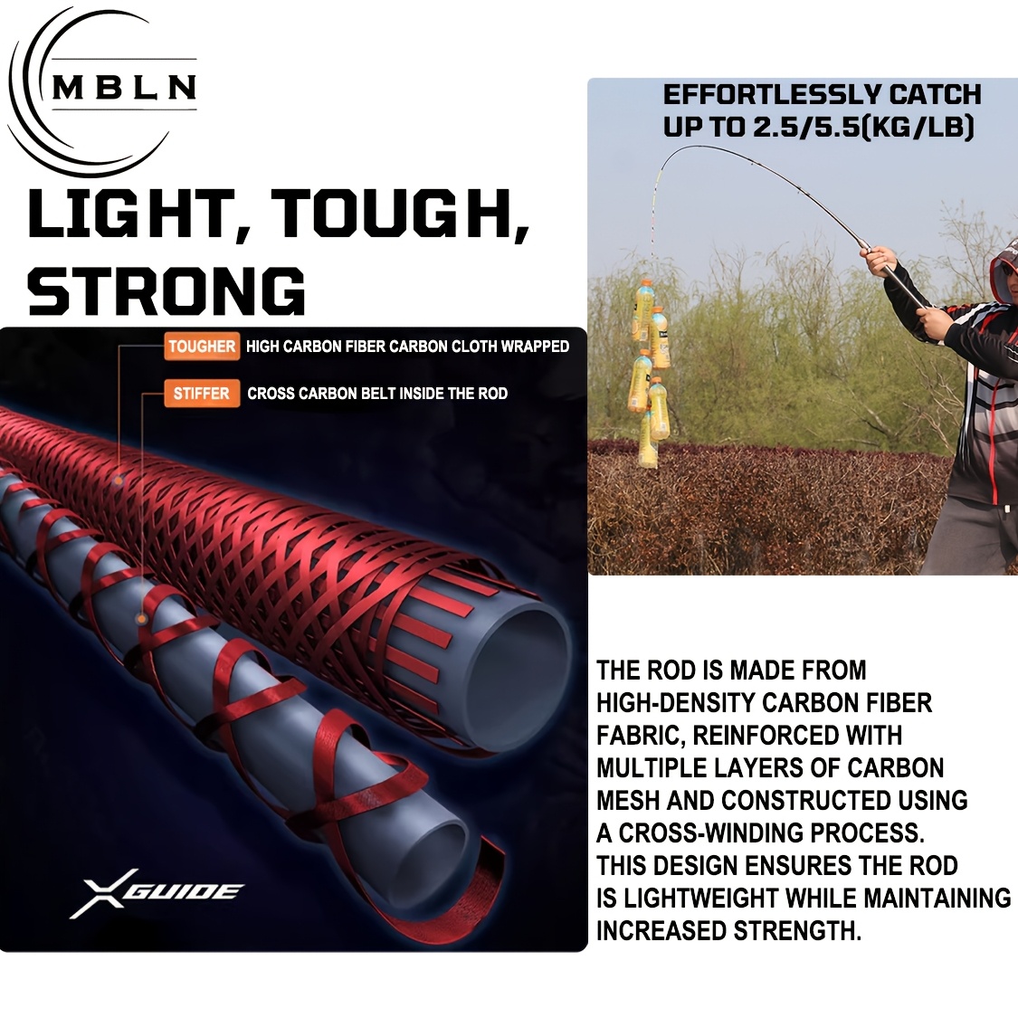 one fishing rod made carbon fiber body fiberglass tip k type