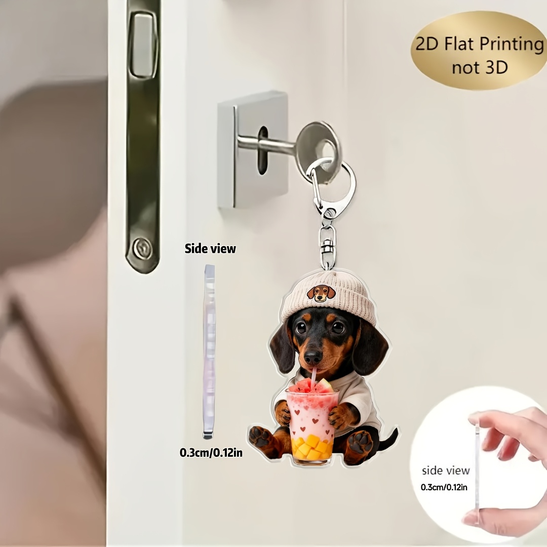 Cute Dachshund Drinking Juice Design Keychain, Fun Multi-Functional Decor