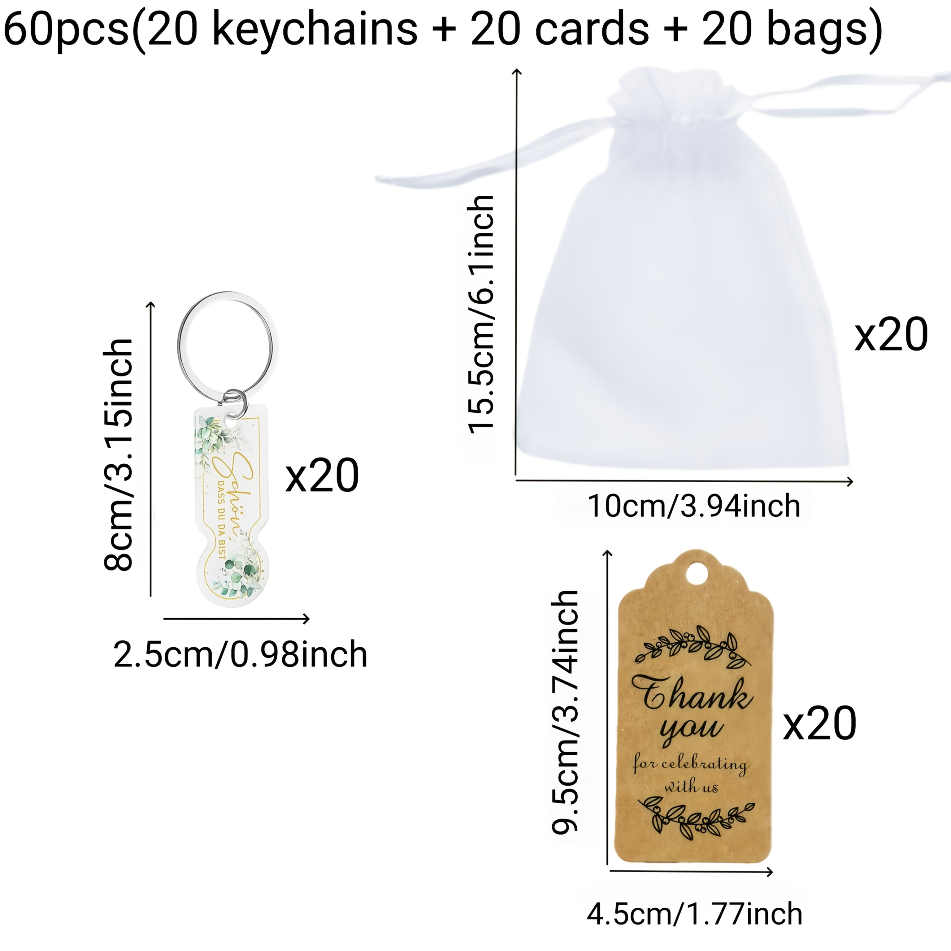 Image of 15/60/90pcs For Party Kits Of Keychain, Including Keychains + Thank You Cards + Organza Bags. Perfect Thank You Gifts For Teachers, , , Parents, . Ideal For Party Favors, Weddings, Birthdays