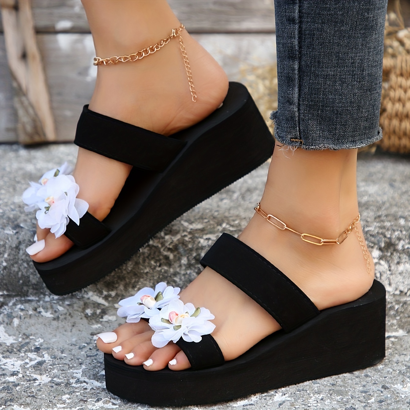 Women's Comfy Thick-Sole Beach Sandals - Open Toe, Black Fabric with Handcrafted 3D Floral Design, EVA Sole, Summer Slip-On Platform Shoes, Casual Slipons|Stylish Platform Heels|Strapless Sandals, Ladies Sandals