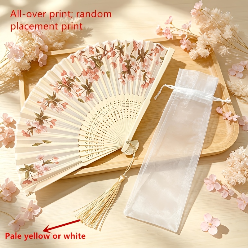 TEMU Set de 2 piezas (1 abanico plegable floral y 1 bolsa de almacenamiento), Abanico chino patrones florales, Equipado con borlas, , fiestas,