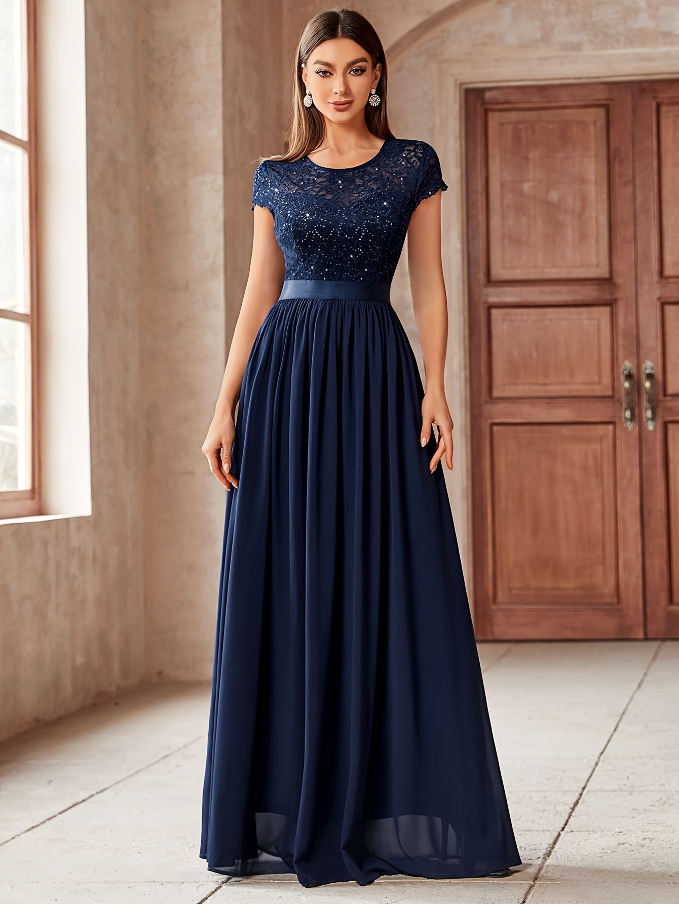 Elegant Round-Neck Lace Sequin Color-* Chiffon Short-Sleeve Long Dress for  Bridesmaids at Wedding Parties