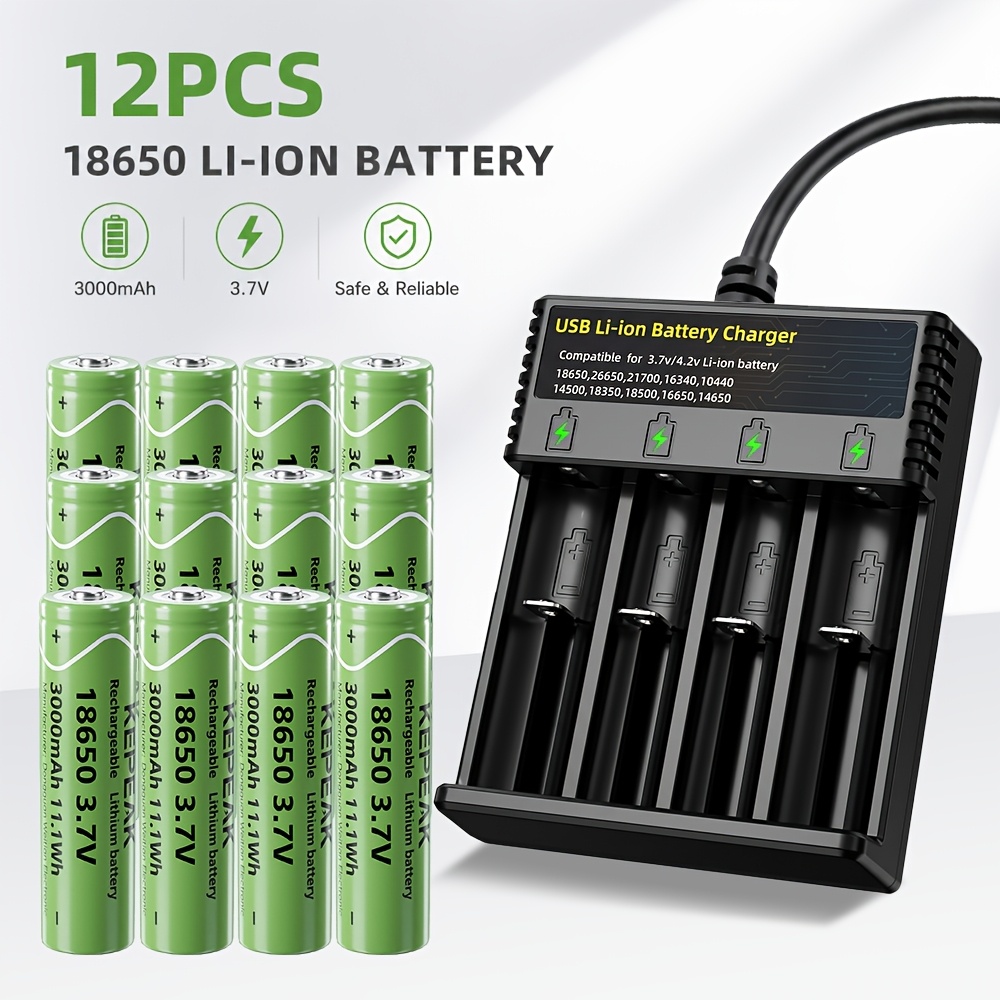 TEMU 12pcs 3.7v Rechargeable Lithium 3000mah Batteries With , Reusable Long-lasting, Long , High Capacity Rechargeable Batteries For Toys Flashlight