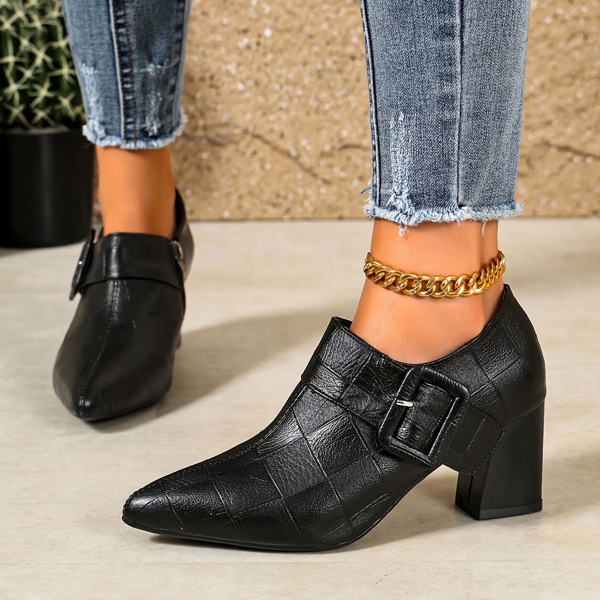 TEMU Bottes courtes à talon épais à bout pour femmes, collection automne 2026, avec fermeture éclair latérale et boucle, bottes tendance, bottes de