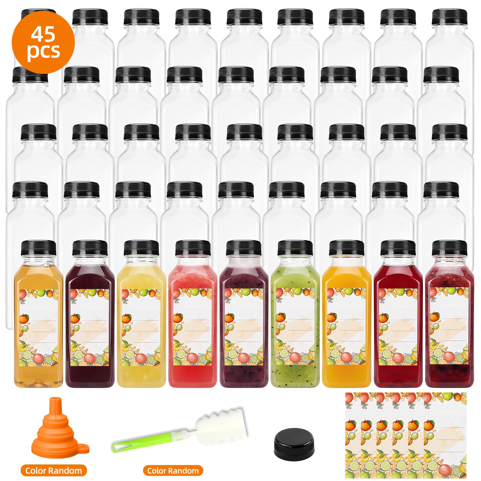 TEMU 45pcs Juice Bottles, 12oz Reusable Juice Bottles With Caps And Labels, Funnel, Brush Beverage Containers For Juicing, Smoothies, Tea, Milk, For Halloween And Christmas