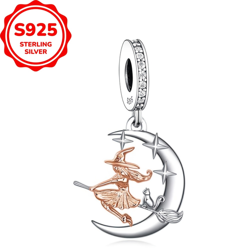Image of 1pc 925 Featuring A Moon, Stars, A Witch, And A Cat, Suitable For Original Bracelets And Necklaces. Perfect As A Jewelry Gift Or For Projects And Party Additions For Women (1.81g). For Halloween