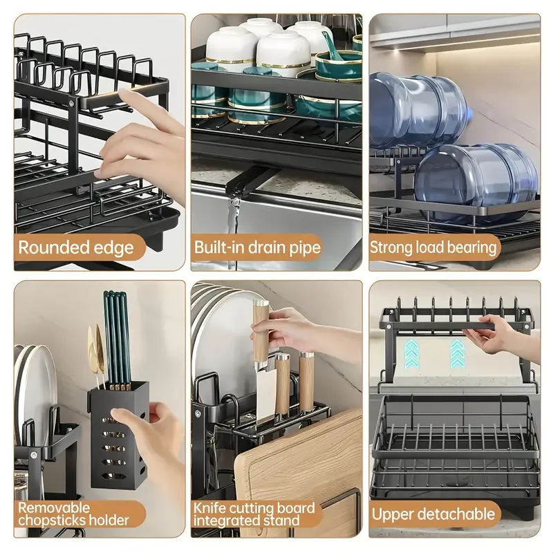 2 tier drying rack with automatic water drainage metal freestanding kitchen rack with bowl and chopstick holder knife slot board stand high capacity drying racks Product details 2