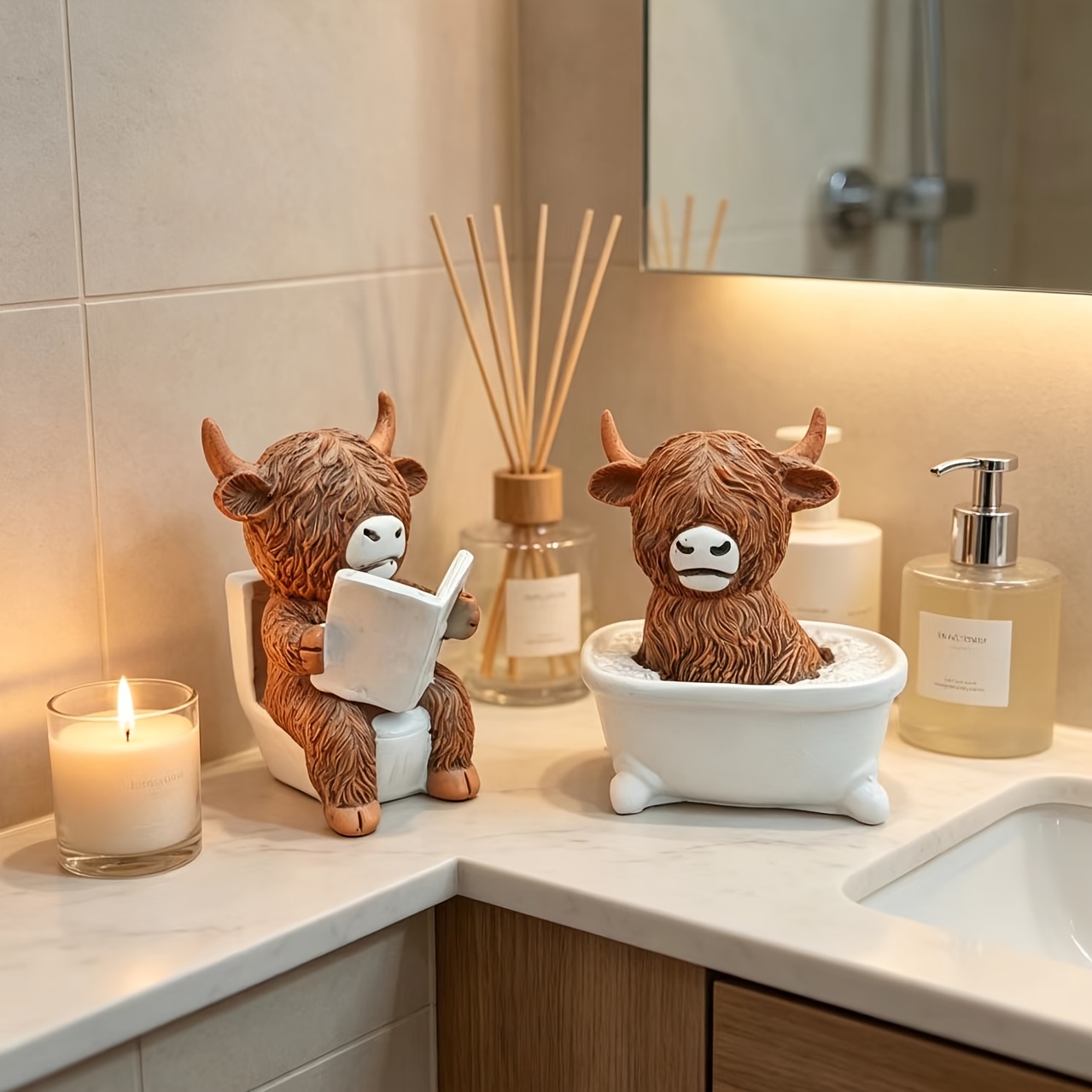 TEMU 2pcs Highland Cow Figurines Suitable For Home Decoration, Rustic Farmhouse Resin Cow Statues With Scottish Cow Ornament For Shelf, Tabletop,,