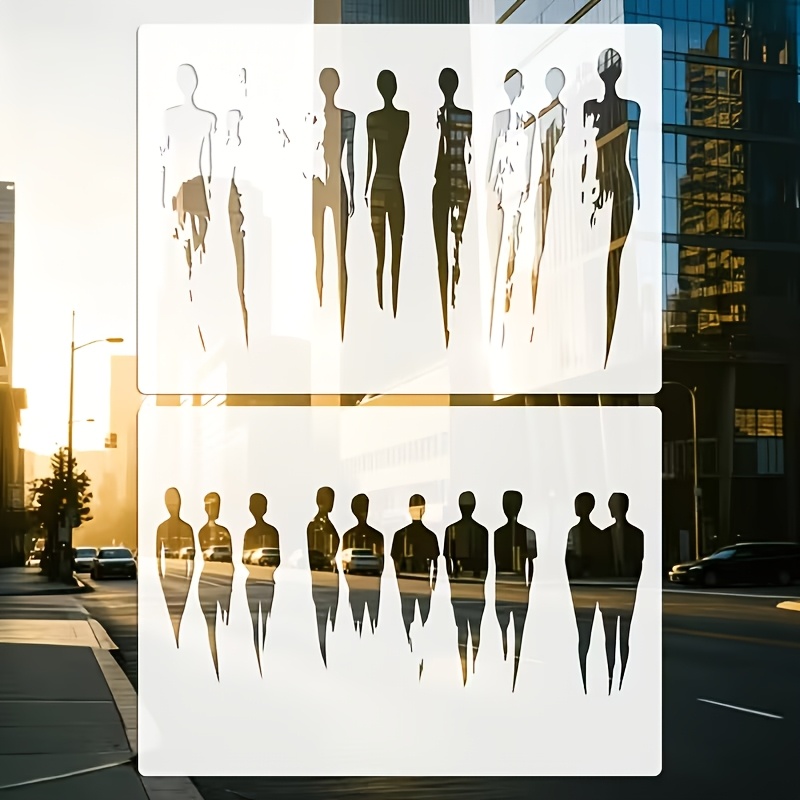 TEMU 2pcs Abstract Human Body Outline Stencils - 11.7 X 8.3 Inch Reusable Minimalist Layered Figure Painting Templates, Ideal For Canvas And Wall