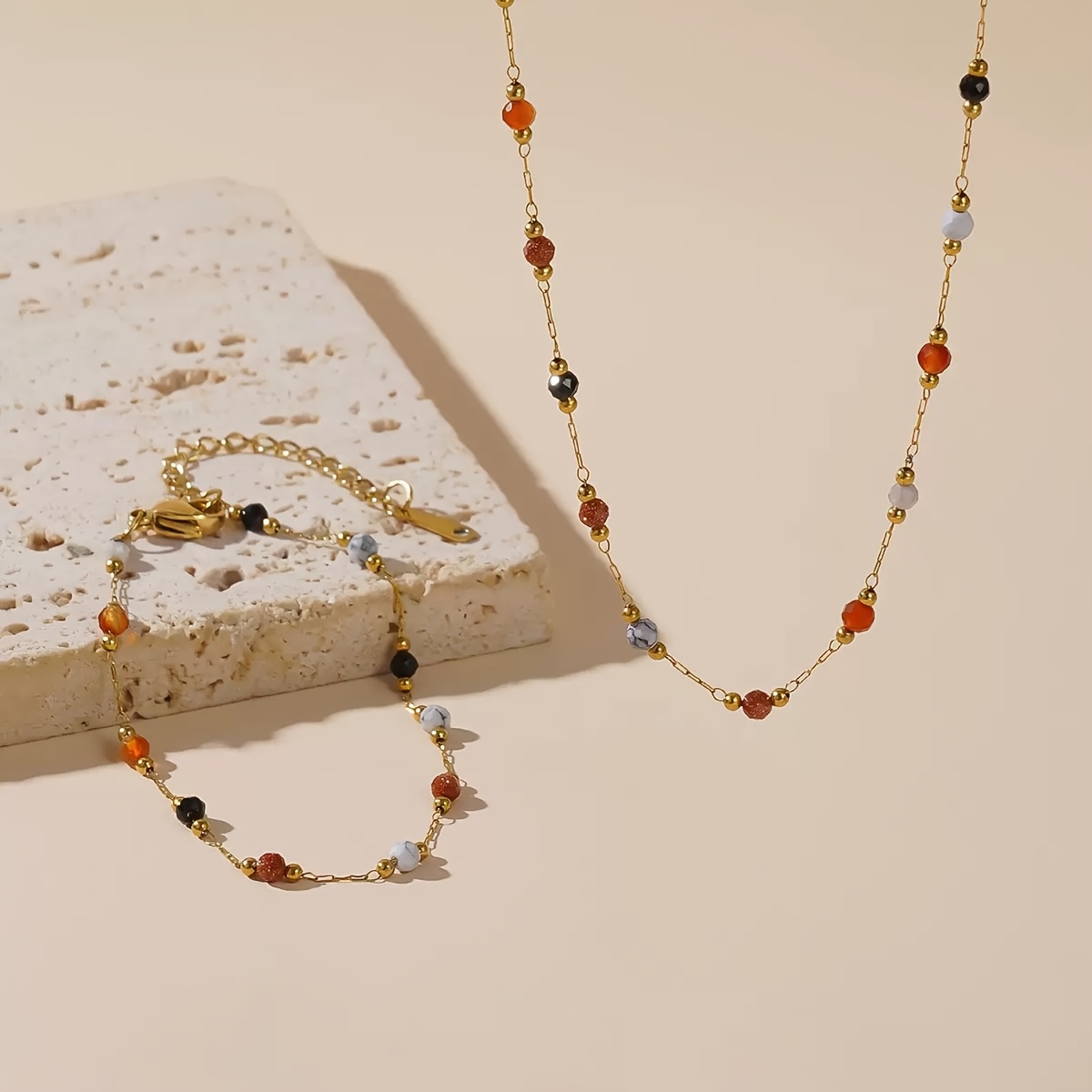 TEMU 2pcs Vintage Multicolor Bead Necklace & Bracelet - 304l Stainless Steel & Multicolor Stone Beads, Rustproof Durable Chain For Daily Wear,