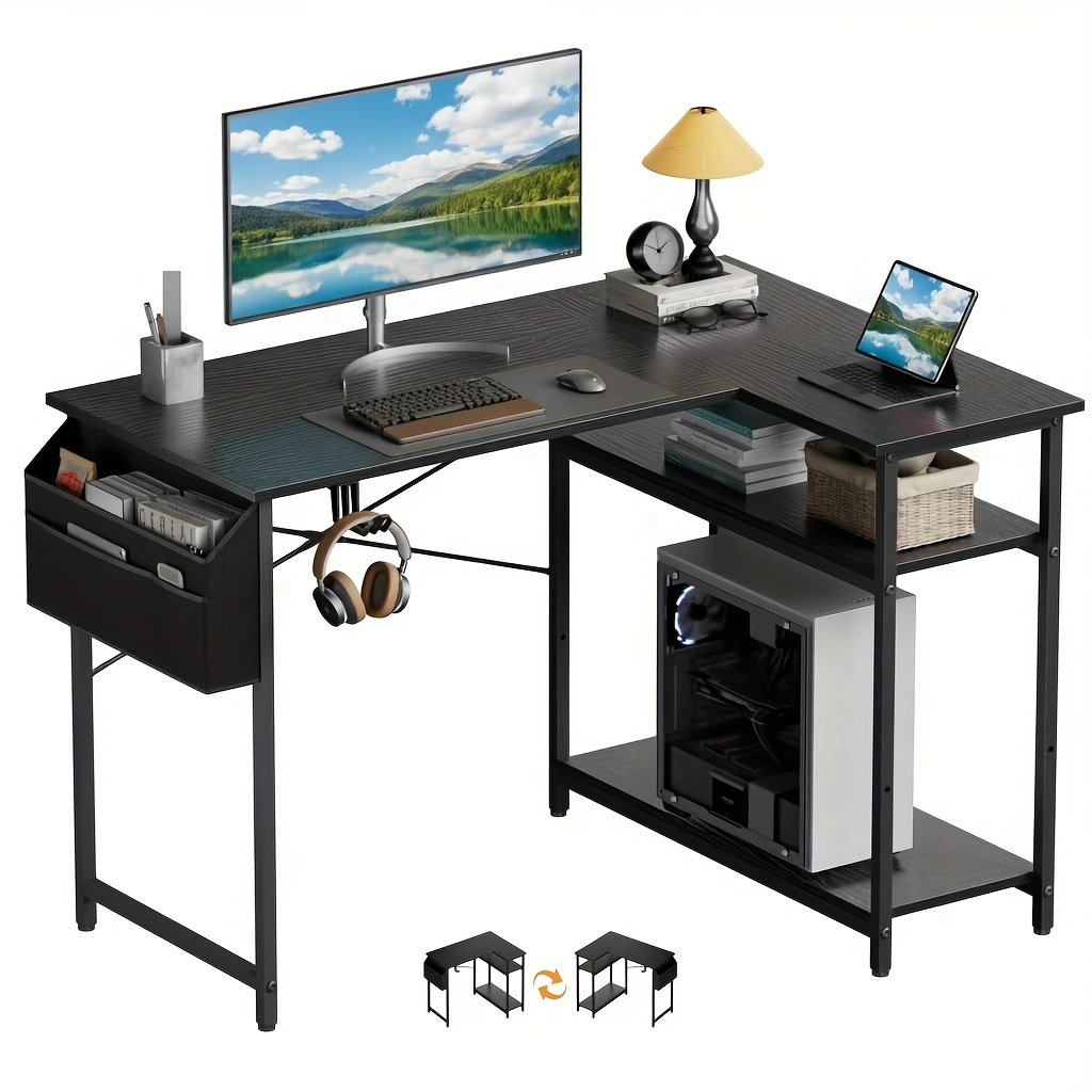 E-shop L-förmiger Schreibtisch, 110 x 80 cm Ecktisch, reversibler Büroarbeitsplatz mit Aufbewahrungstasche, einfacher PC-Gaming-Tisch für Homeoffice,