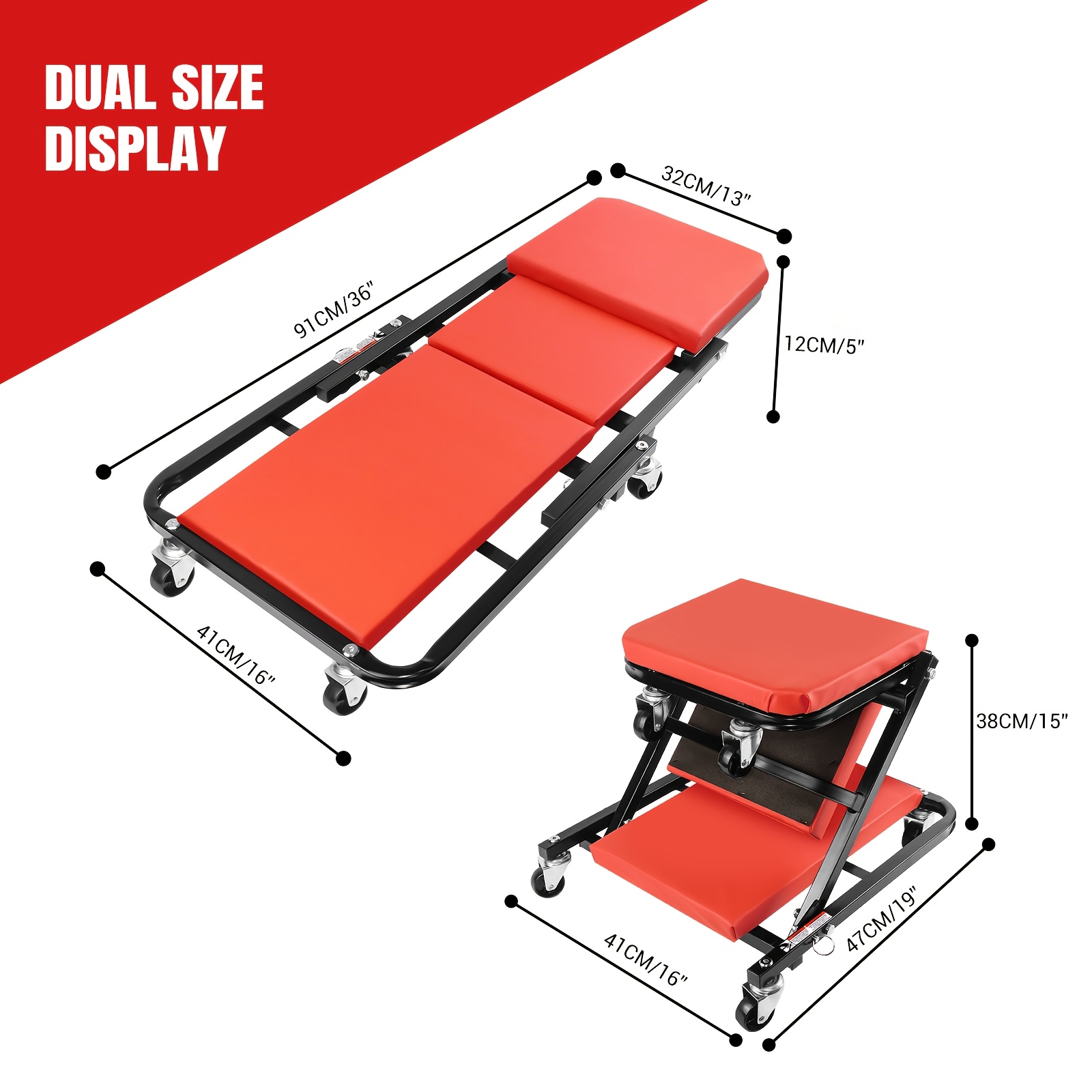 2-in-1 Folding Car Creeper, Heavy Duty Extended Rolling Mechanics Creeper, Z Creeper & Seat For Under Car Repair, 150kg Lbs Folding Creeper With 6 Wheels