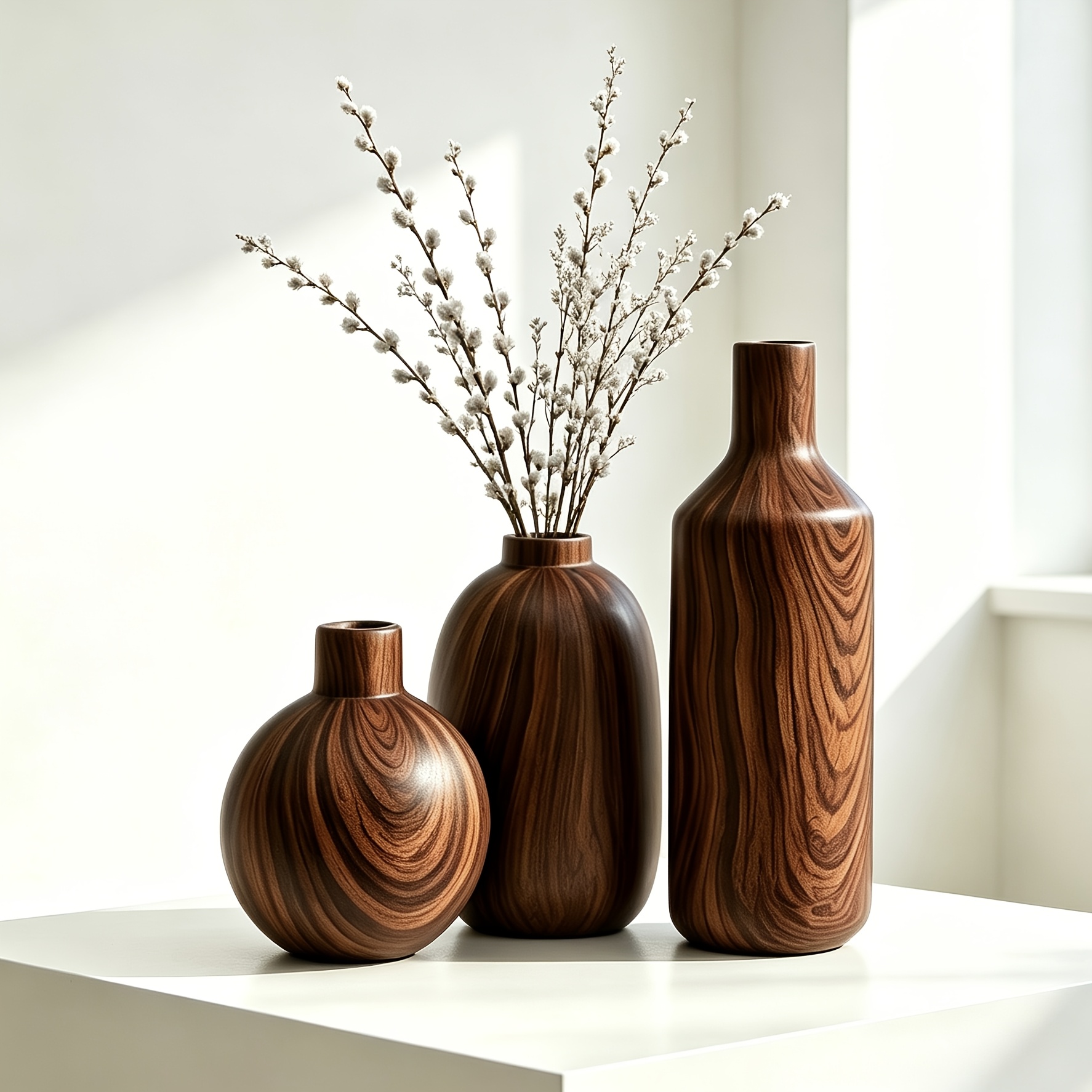 3pcs Wood Grain/Stone Texture Ceramic Vase Set Wabi-Sabi Decorative Flower Pot Ornament Japanese Rustic Style Desktop Home Resident B&B Soft Decoration Dried Flower Arrangement Floral Art All-Match Premium