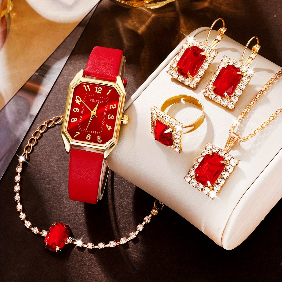 

6pc Women's Elegant And Fashionable Quartz Watch Popular Style With Square Jewelry Set For , Party, New Year's Day, Christmas, And Best Gift