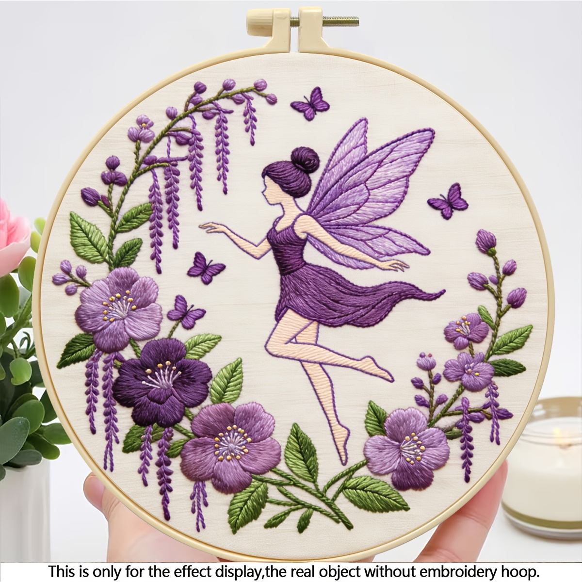 TEMU Diy Embroidery Kit For Beginners - Complete Set With Purple Flower Fairy Pattern, Purple Floral Cross- Home Decor Wall Hanging