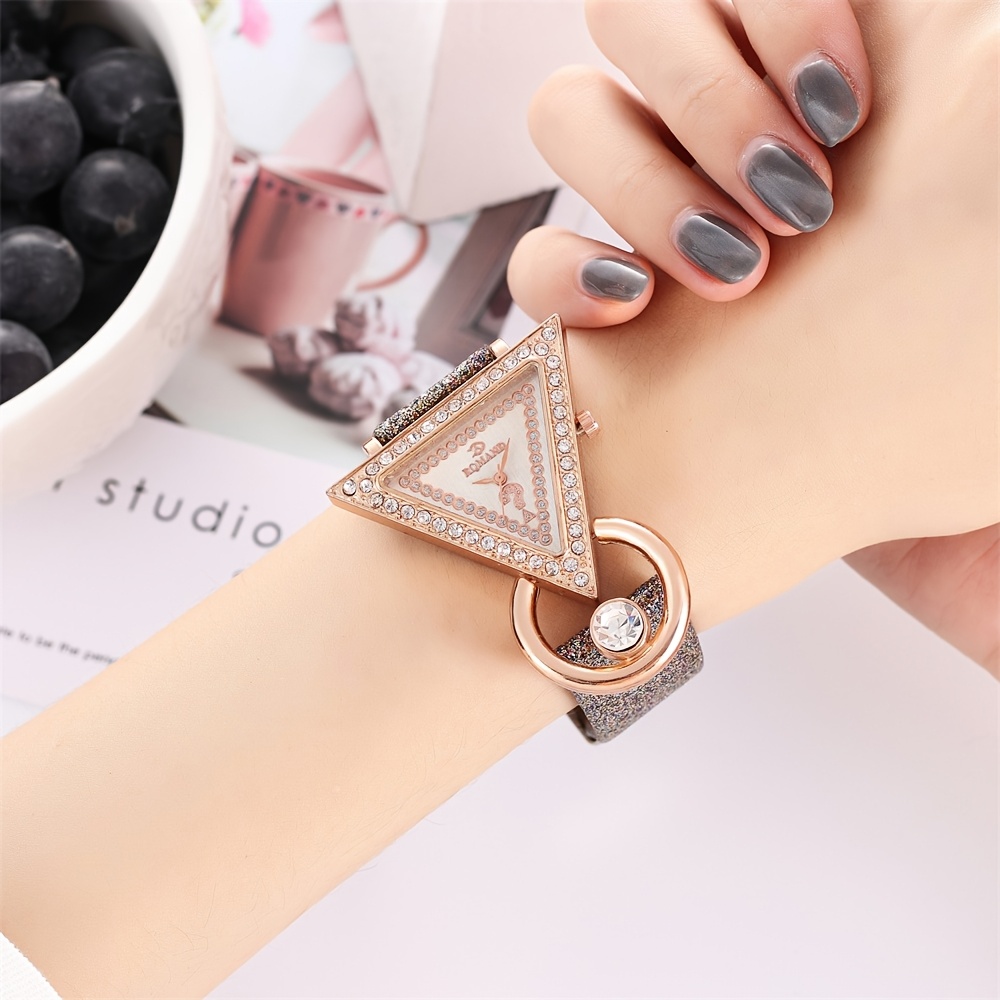 1pc/5pcs HIKUN Women's Elegant Rhinestone-Encrusted Triangle Watch with Sparkling PU Strap, Quartz Movement & Analog Display - Suitable for Parties, Daily Wear, Christmas, Valentine's Day, New Year Gift - Luxury Handwatch