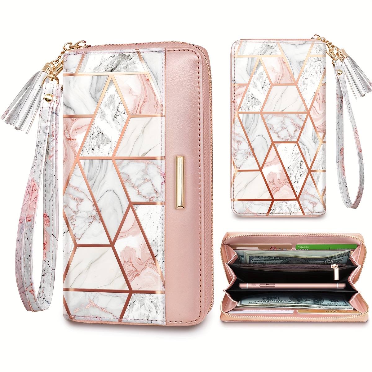 Image of Women's Faux Leather Credit Card Wallet With A Marble Design, Featuring A Tassel Wrist Strap And A Long Wallet Style