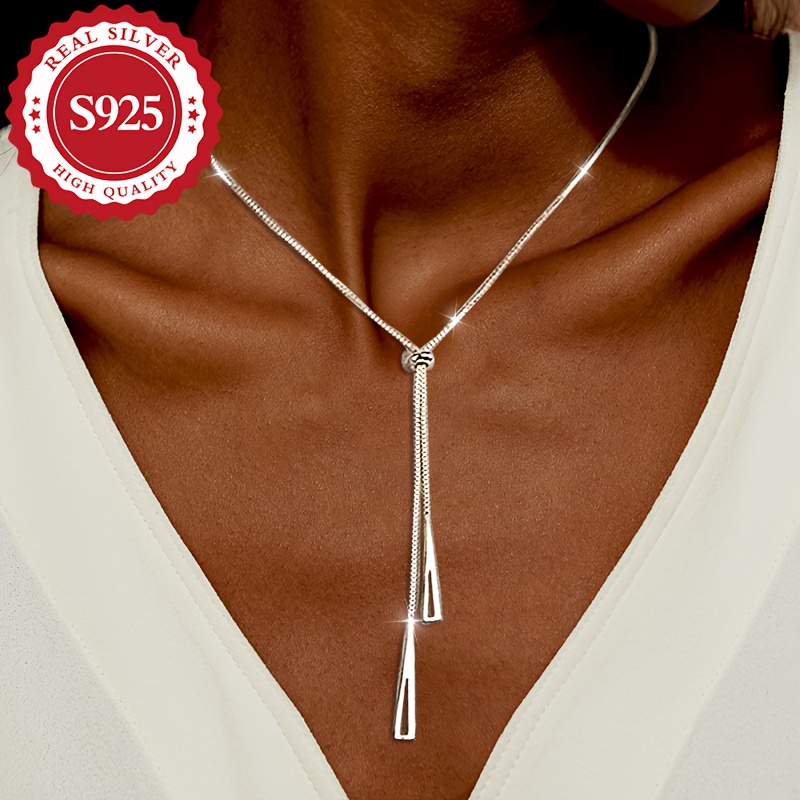 S925 Silver, Women's Y-shaped Box Triangle Pendant Necklace, Adjustable Drawstring, Retro Fashion, Hypoallergenic