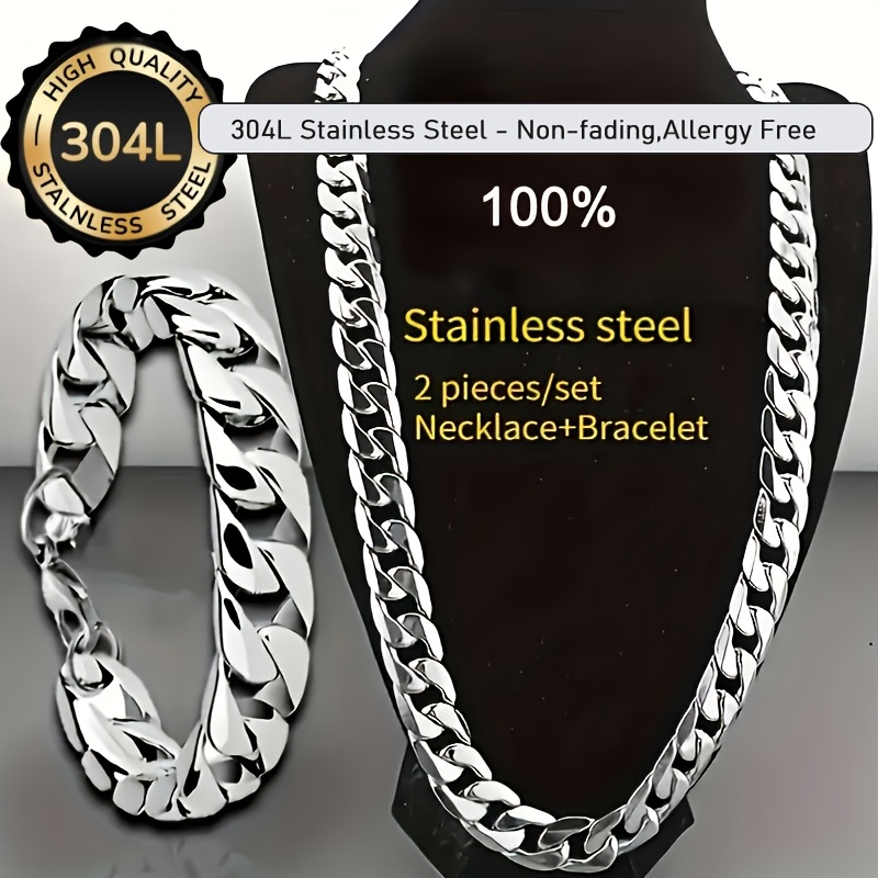 TEMU Une collection deux pièces comprenant un collier et un bracelet durables en acier inoxydable 304L 304L 304L, conçus accessoire de mode unisexe