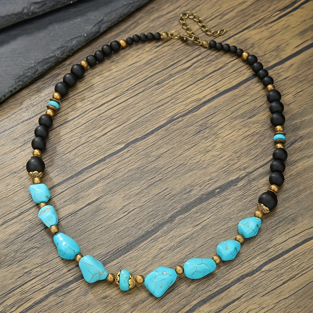 TEMU Stylish Turquoise Necklace | Retro Surf Punk Men's Jewelry Featuring Synthetic Turquoise Beads With Black Details - Hip-hop Additions For Street