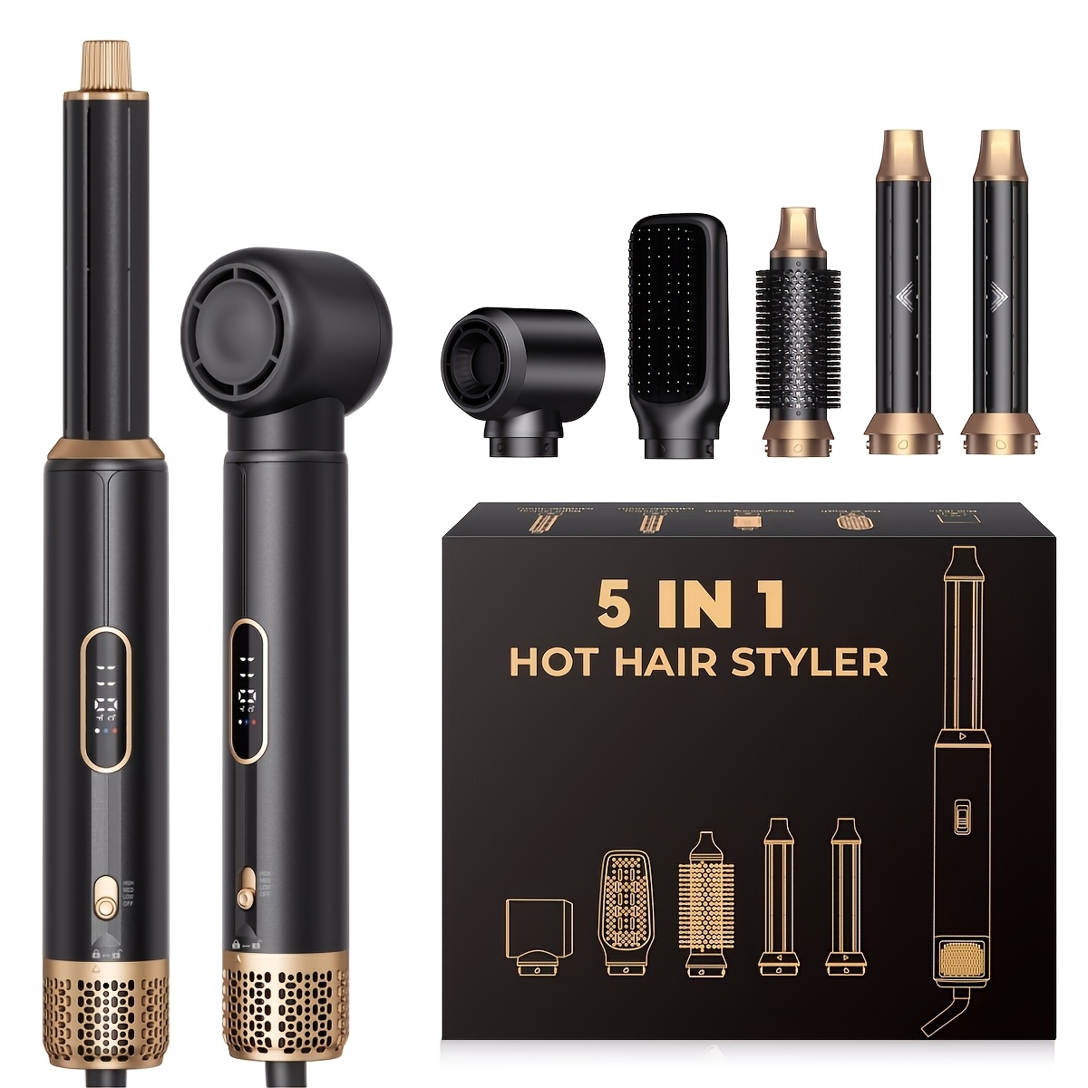 Image of Hot Dryer Hair Dryer Brush Set, Lcd Display, Curler, Round Brush, Hair Dryer, Curling Rod, Bathroom Hairstyle Tool, Detachable Hot Brush, Hair Clipper, Valentine's Day Gift